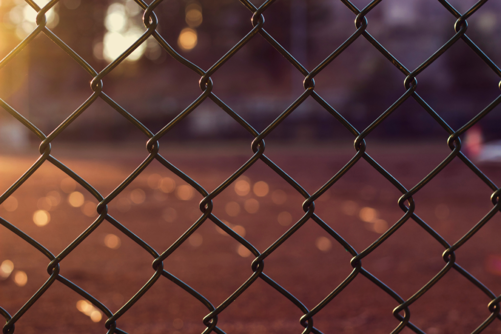 Chain link fence with blurred background at sunset.
