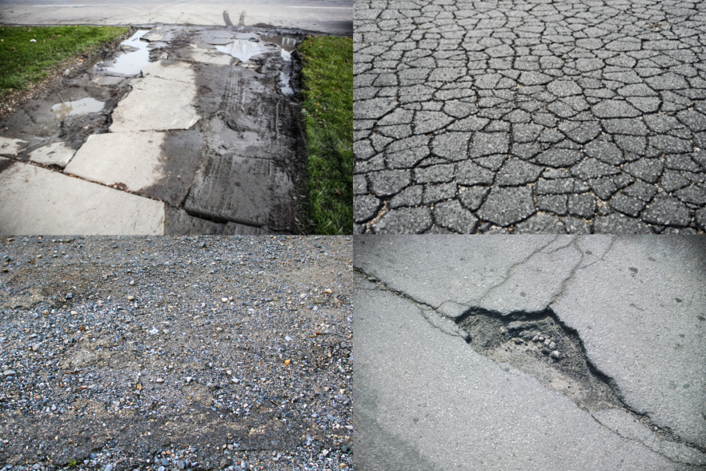 Various types of damaged road surfaces