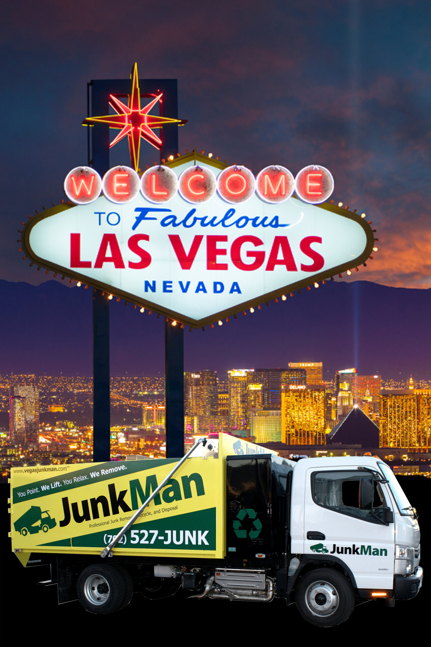 Junk removal truck in Las Vegas at night.