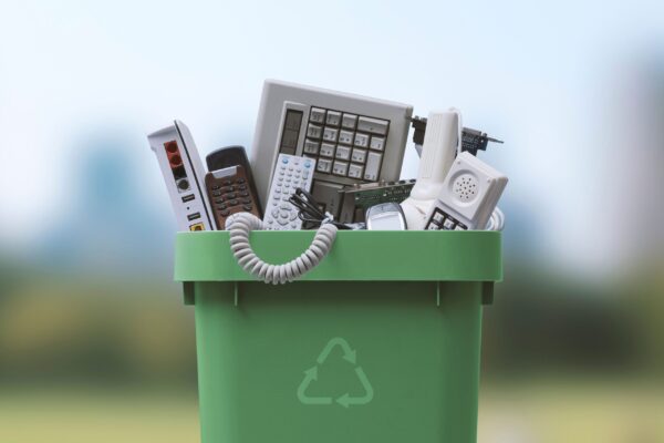 Old electronics in green recycling bin