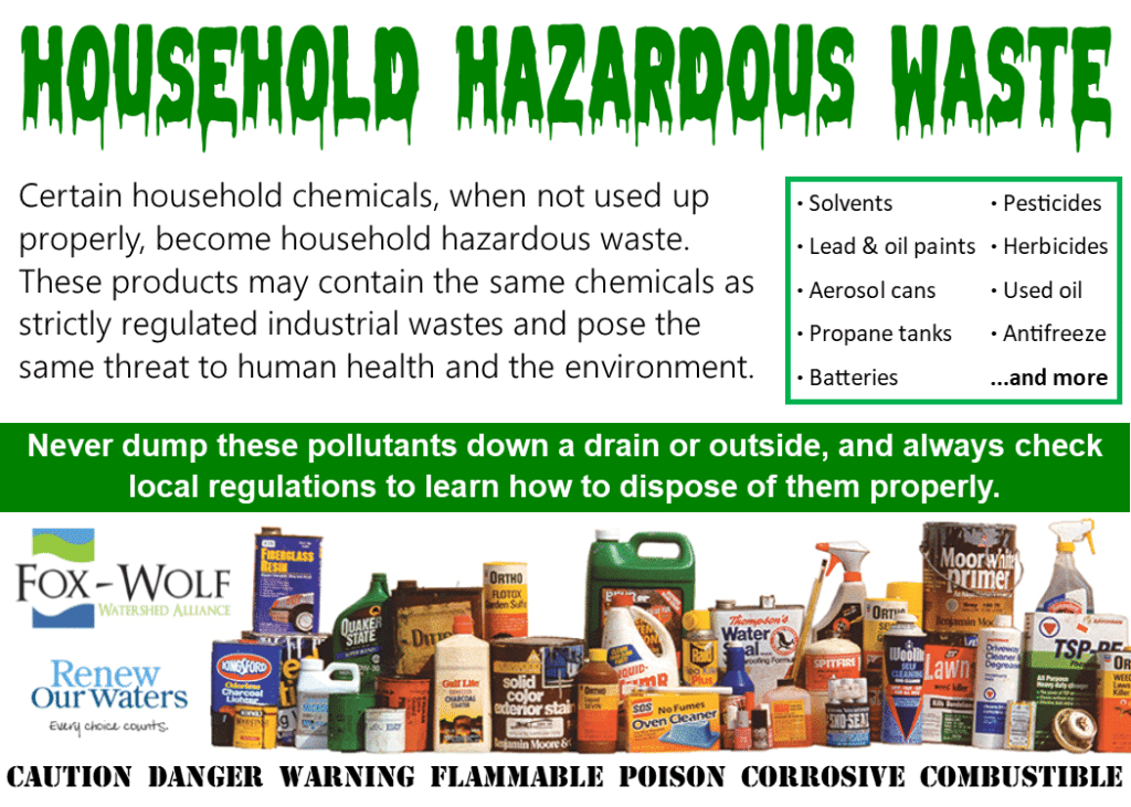 Household hazardous waste disposal warning and examples.