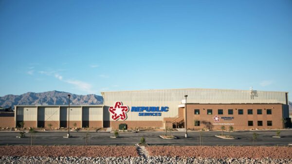 Republic Services building with mountain backdrop.